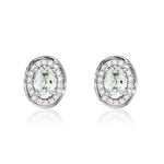 9ct White Gold Oval Natural Aquamarine & Diamond Rope Edge Cluster Stud Earrings — 7x5mm