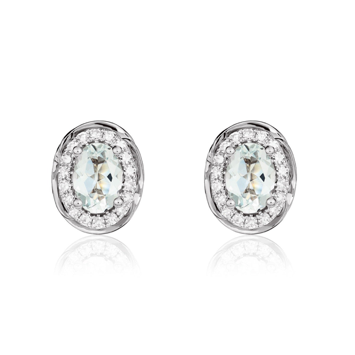 9ct White Gold Oval Natural Aquamarine & Diamond Rope Edge Cluster Stud Earrings — 7x5mm