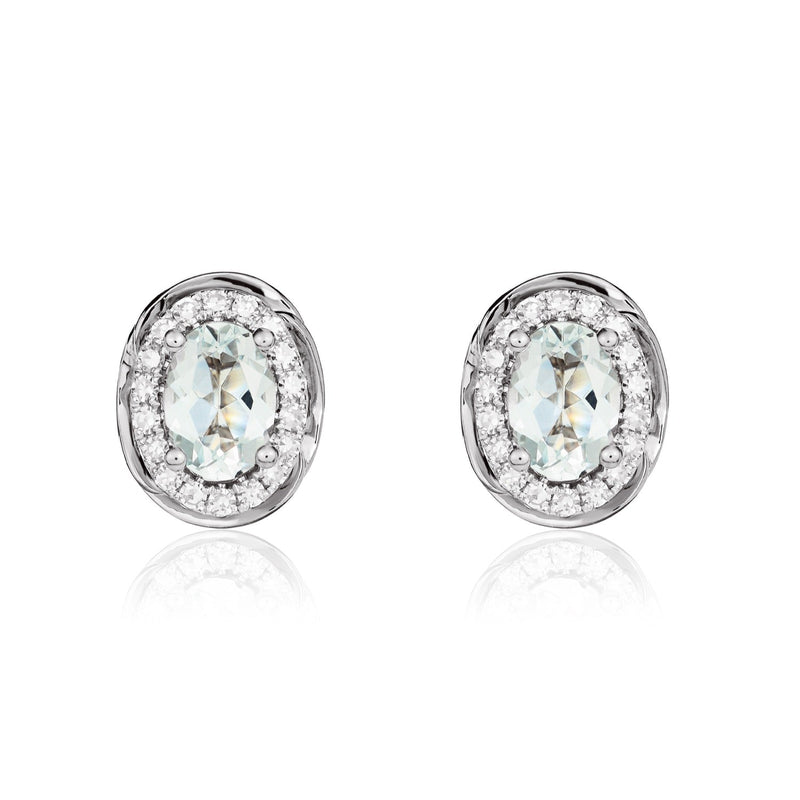 9ct White Gold Oval Natural Aquamarine & Diamond Rope Edge Cluster Stud Earrings — 7x5mm