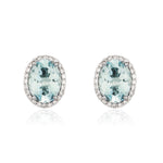 9ct White Gold Oval Natural Aquamarine & Diamond Claw Set Cluster Stud Earrings — 8x6mm
