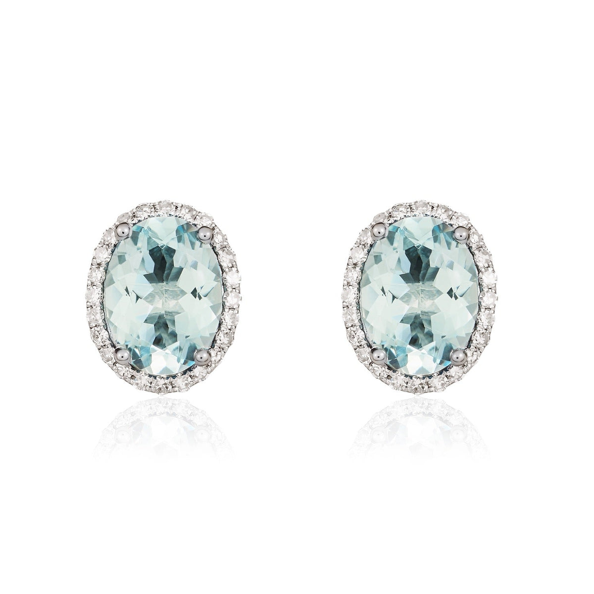 9ct White Gold Oval Natural Aquamarine & Diamond Claw Set Cluster Stud Earrings — 8x6mm