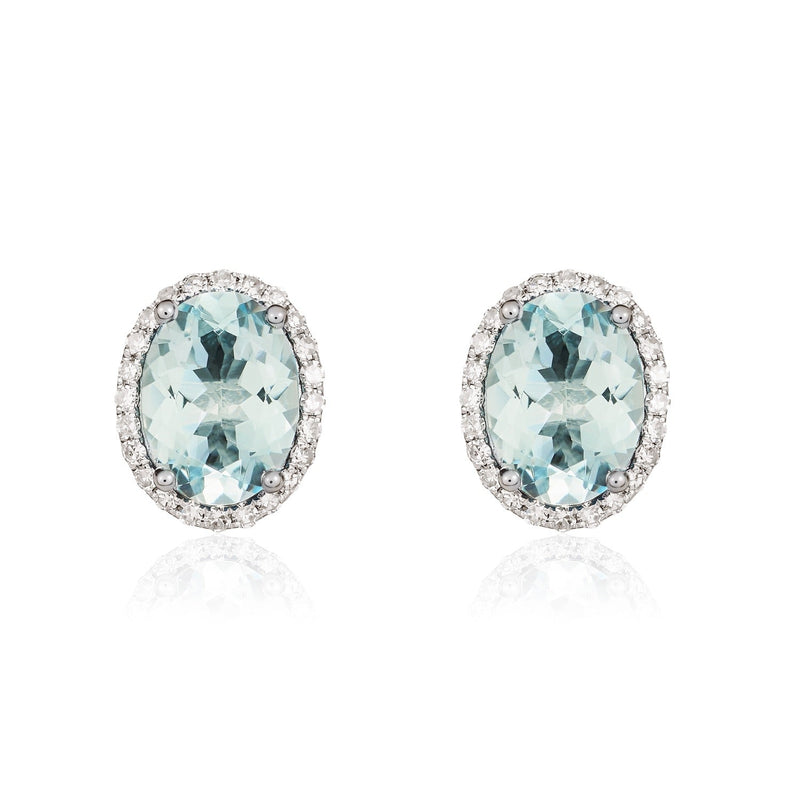 9ct White Gold Oval Natural Aquamarine & Diamond Claw Set Cluster Stud Earrings — 8x6mm