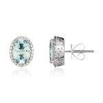 9ct White Gold Oval Natural Aquamarine & Diamond Claw Set Cluster Stud Earrings — 8x6mm