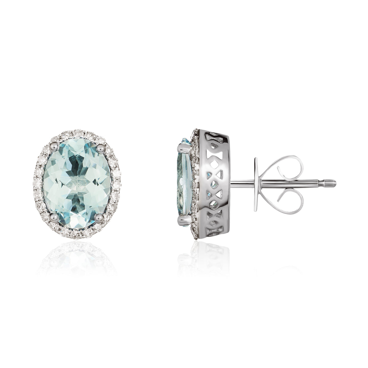 9ct White Gold Oval Natural Aquamarine & Diamond Claw Set Cluster Stud Earrings — 8x6mm