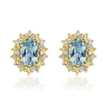 9ct Yellow Gold Oval Natural Aquamarine & Diamond Claw Set Cluster Stud Earrings — 6x4mm