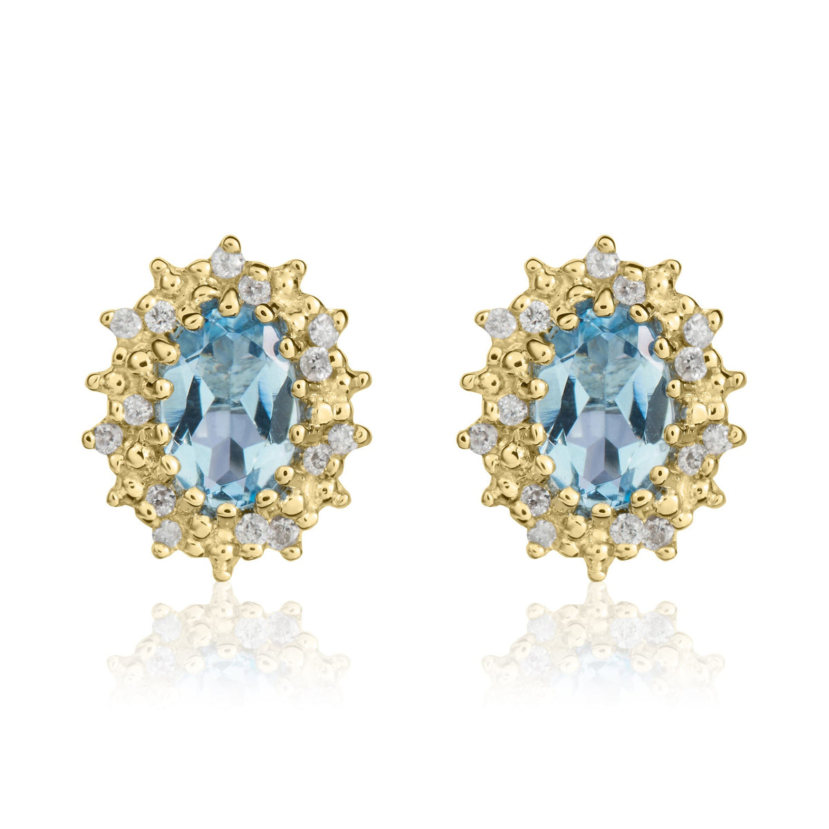 9ct Yellow Gold Oval Natural Aquamarine & Diamond Claw Set Cluster Stud Earrings — 6x4mm
