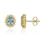 9ct Yellow Gold Oval Natural Aquamarine & Diamond Claw Set Cluster Stud Earrings — 6x4mm