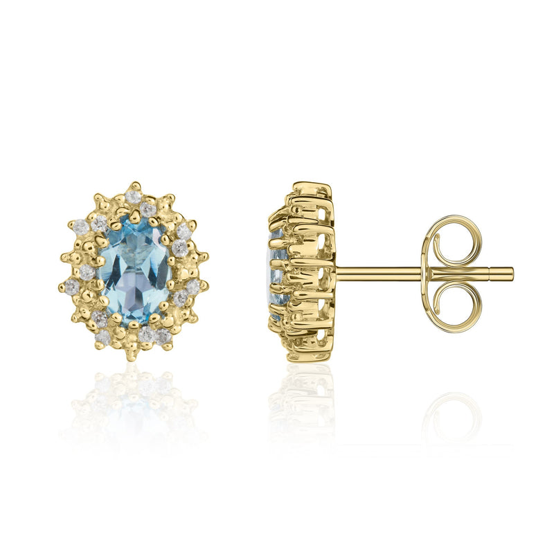 9ct Yellow Gold Oval Natural Aquamarine & Diamond Claw Set Cluster Stud Earrings — 6x4mm
