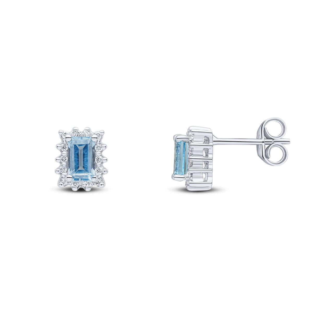 9ct White Gold Octagonal Natural Aquamarine & Diamond Cluster Stud Earrings — 5x3mm