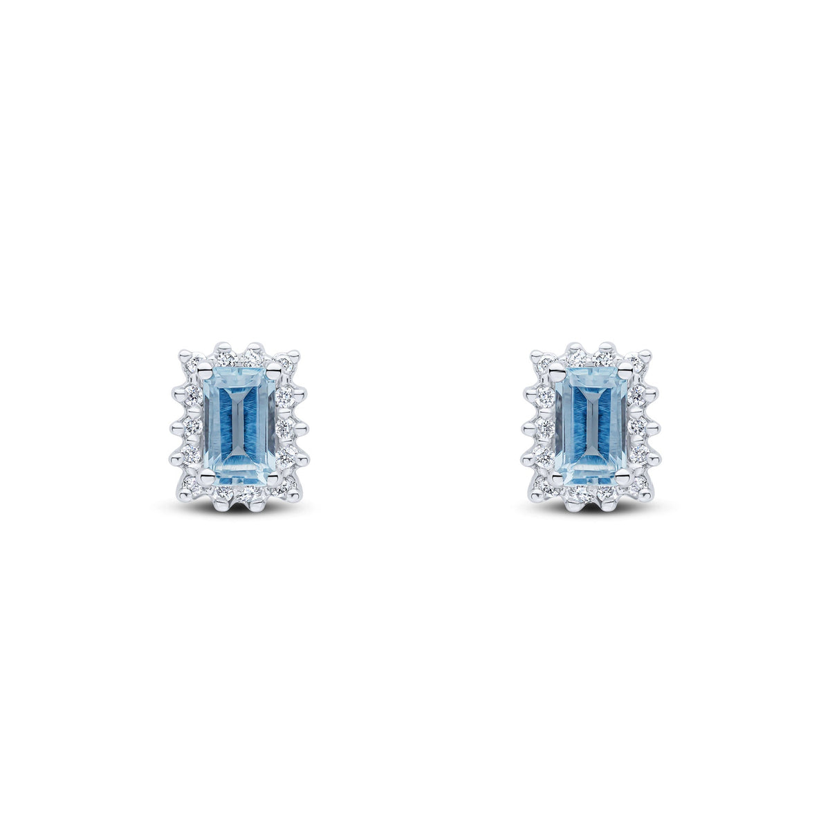 9ct White Gold Octagonal Natural Aquamarine & Diamond Cluster Stud Earrings — 5x3mm