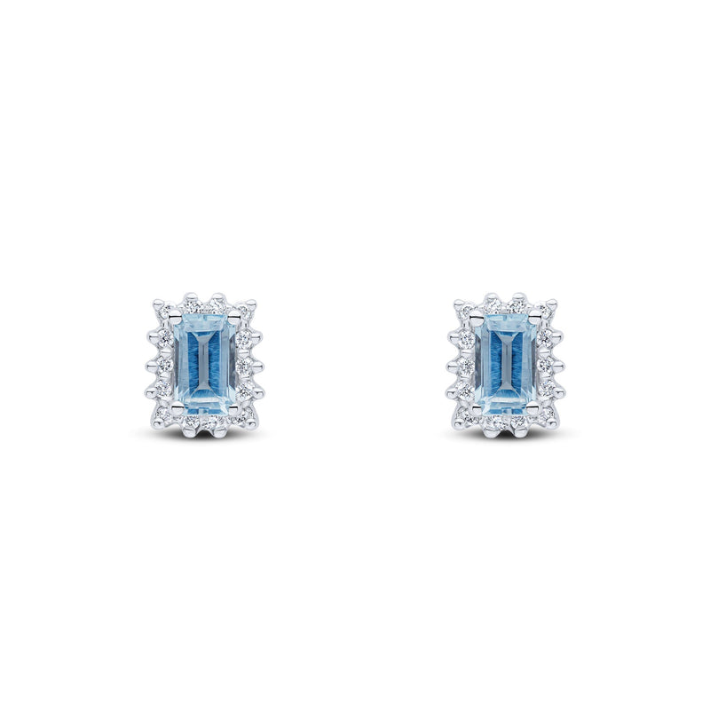 9ct White Gold Octagonal Natural Aquamarine & Diamond Cluster Stud Earrings — 5x3mm