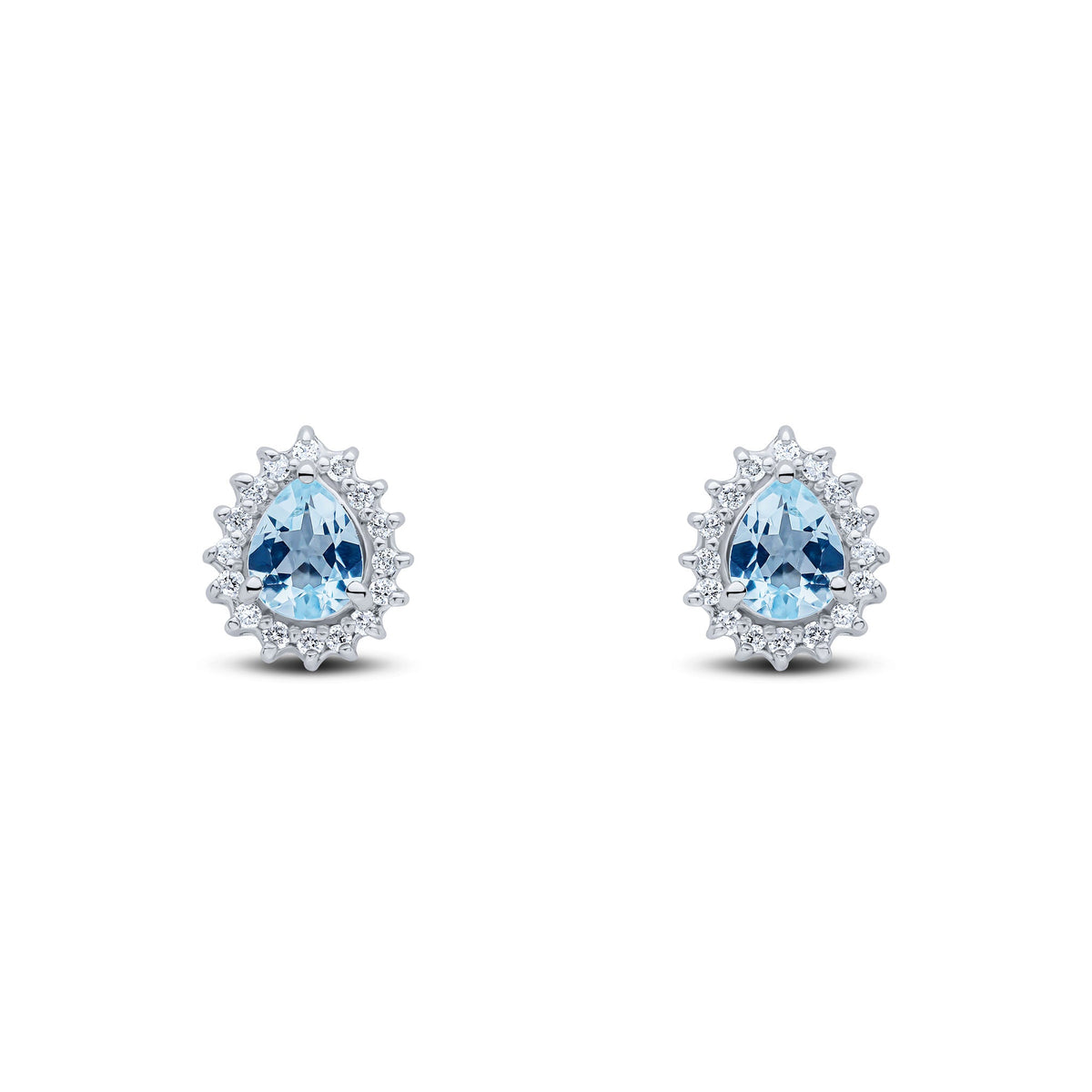 9ct White Gold Pear Shaped Natural Aquamarine & Diamond Claw Set Cluster Stud Earrings — 5x4mm