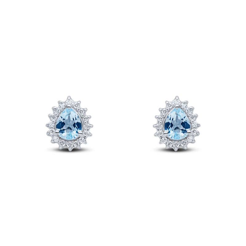 9ct White Gold Pear Shaped Natural Aquamarine & Diamond Claw Set Cluster Stud Earrings — 5x4mm