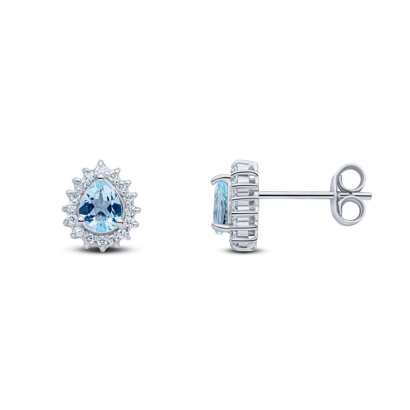 9ct White Gold Pear Shaped Natural Aquamarine & Diamond Claw Set Cluster Stud Earrings — 5x4mm