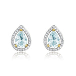 9ct Yellow Gold Pear Shaped Natural Aquamarine & Diamond Halo Cluster Stud Earrings — 7x5mm