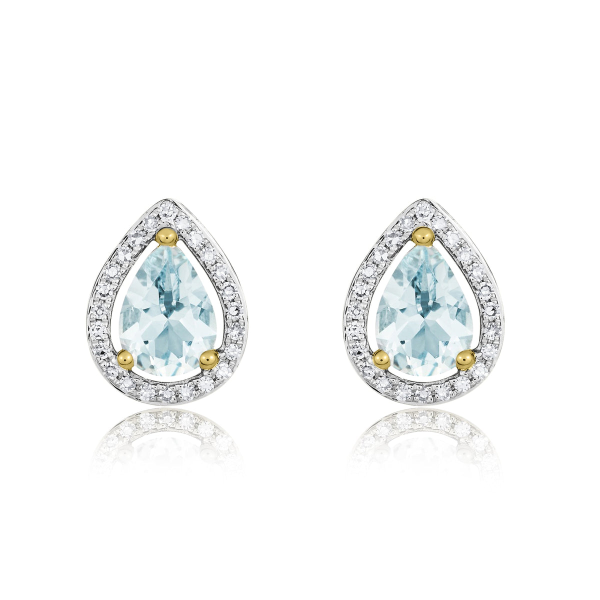 9ct Yellow Gold Pear Shaped Natural Aquamarine & Diamond Halo Cluster Stud Earrings — 7x5mm