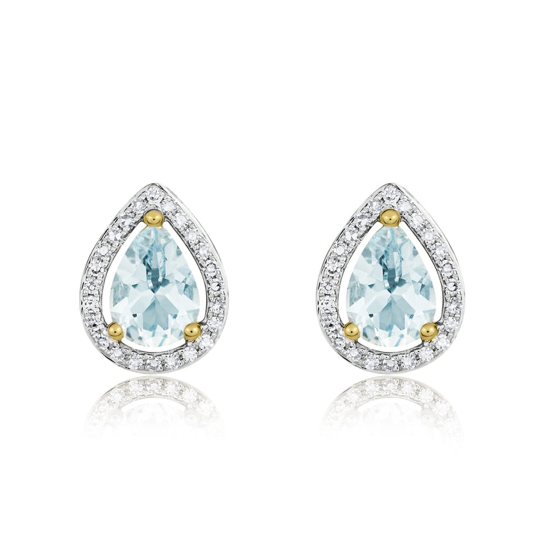 9ct Yellow Gold Pear Shaped Natural Aquamarine & Diamond Halo Cluster Stud Earrings — 7x5mm