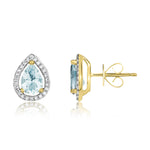 9ct Yellow Gold Pear Shaped Natural Aquamarine & Diamond Halo Cluster Stud Earrings — 7x5mm