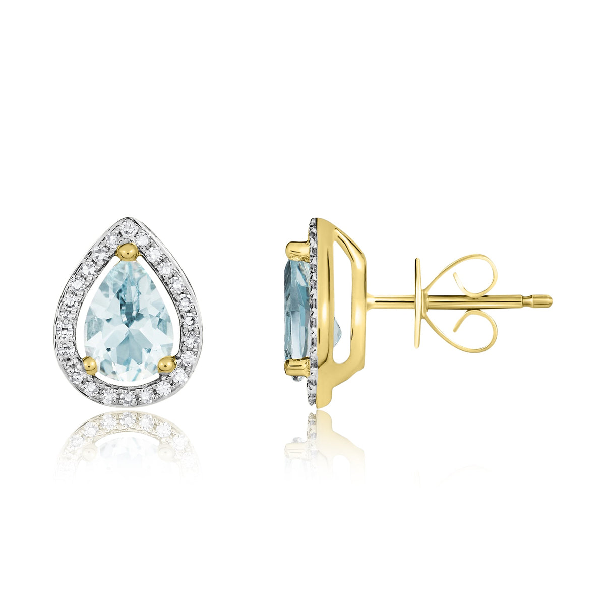 9ct Yellow Gold Pear Shaped Natural Aquamarine & Diamond Halo Cluster Stud Earrings — 7x5mm