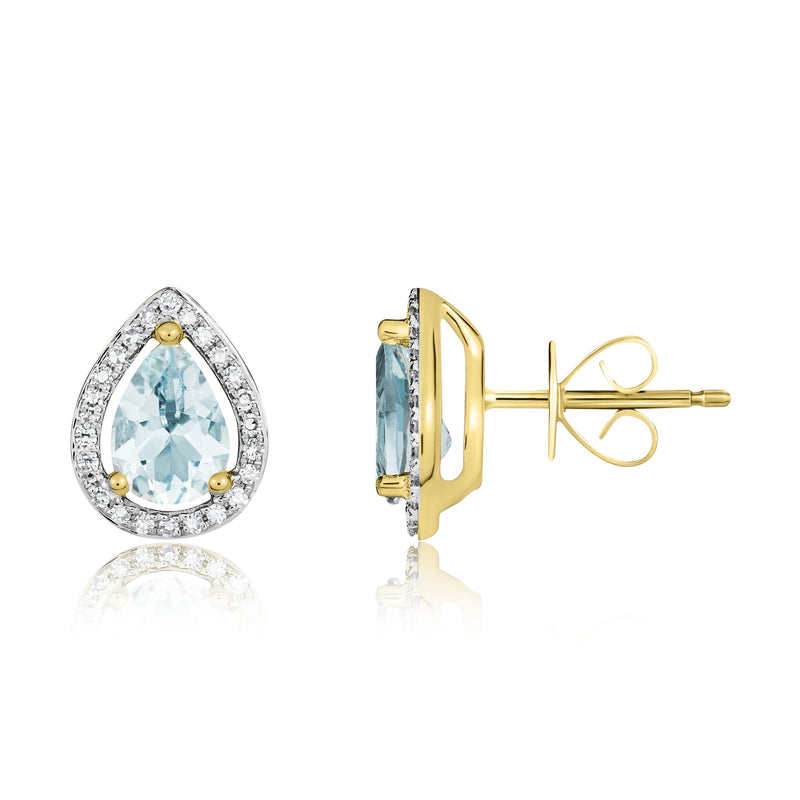 9ct Yellow Gold Pear Shaped Natural Aquamarine & Diamond Halo Cluster Stud Earrings — 7x5mm