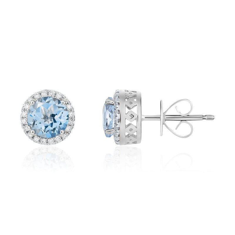 9ct White Gold Round Natural Aquamarine & Diamond Claw Set Cluster Stud Earrings — 6mm