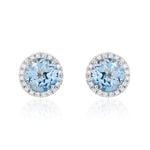 9ct White Gold Round Natural Aquamarine & Diamond Claw Set Cluster Stud Earrings — 6mm