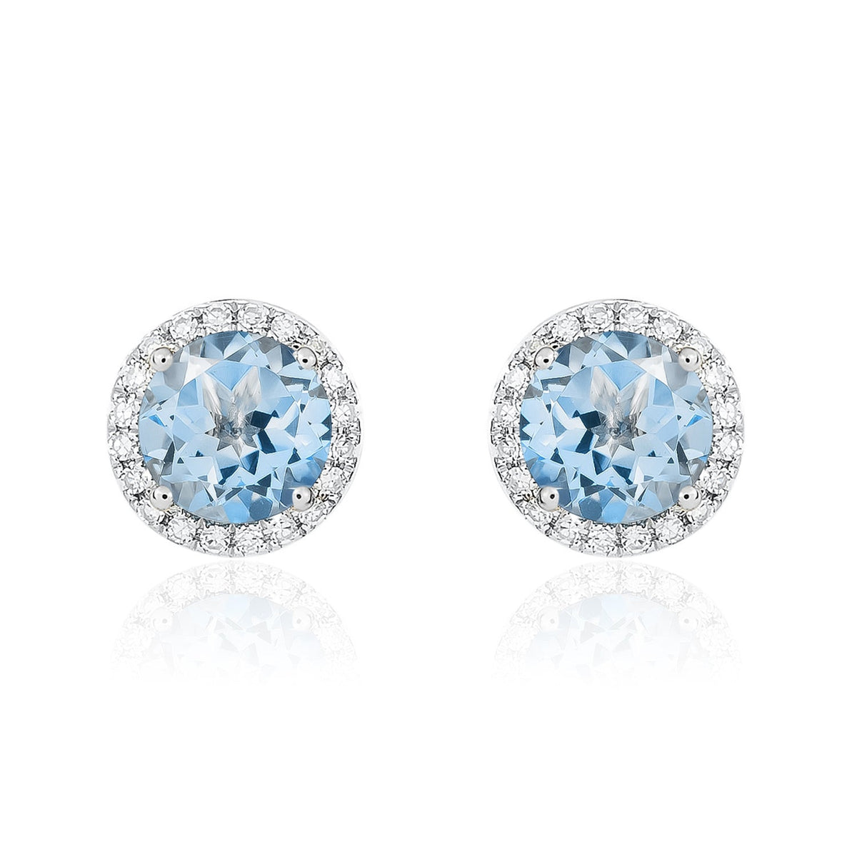 9ct White Gold Round Natural Aquamarine & Diamond Claw Set Cluster Stud Earrings — 6mm
