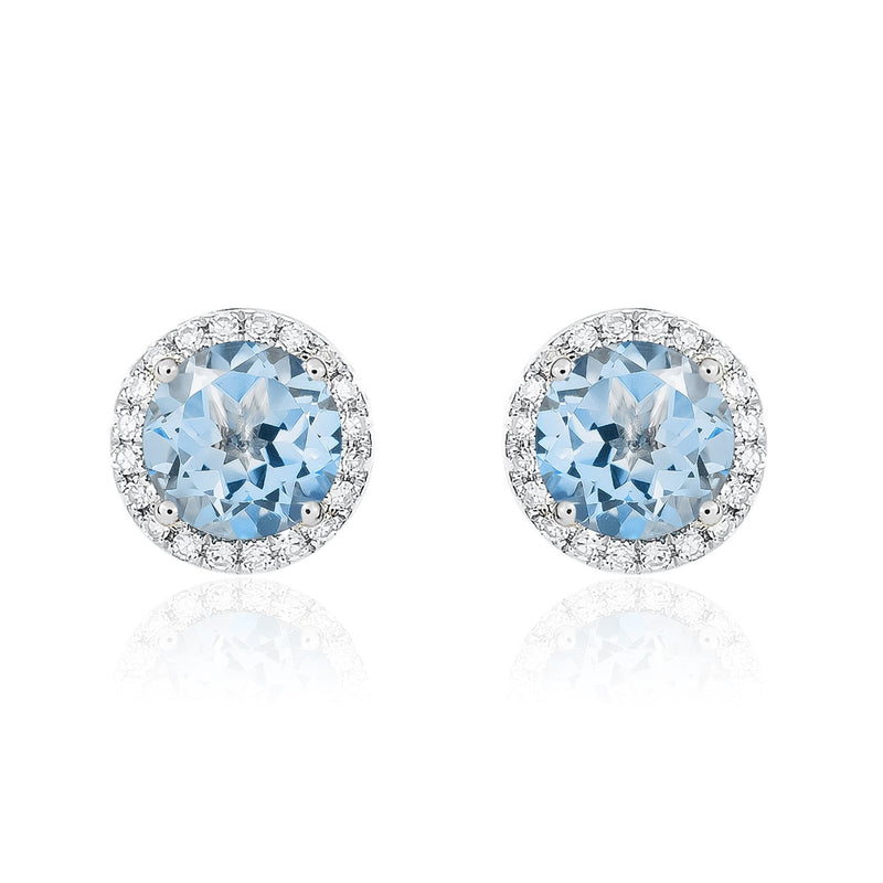 9ct White Gold Round Natural Aquamarine & Diamond Claw Set Cluster Stud Earrings — 6mm