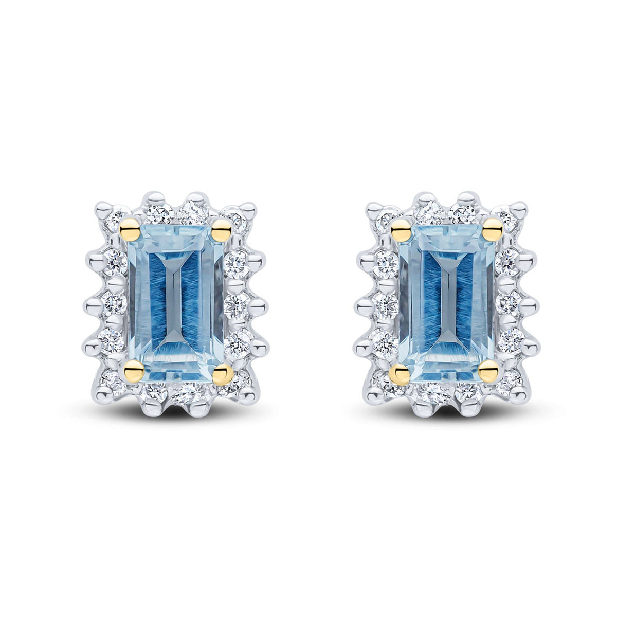 9ct Yellow Gold Octagonal Natural Aquamarine & Diamond Cluster Stud Earrings — 5x3mm