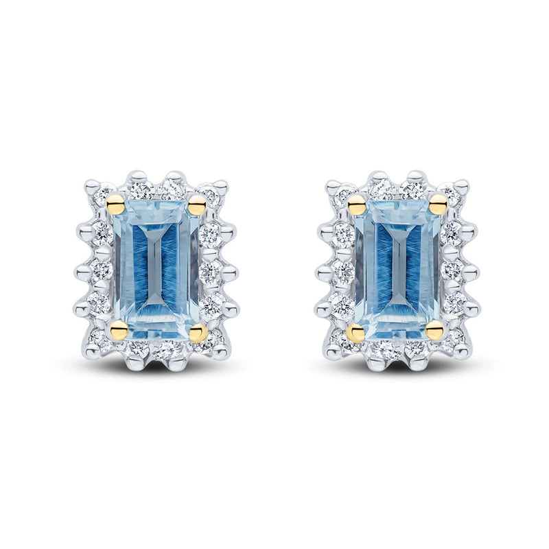 9ct Yellow Gold Octagonal Natural Aquamarine & Diamond Cluster Stud Earrings — 5x3mm