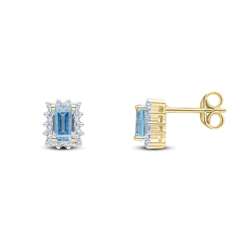 9ct Yellow Gold Octagonal Natural Aquamarine & Diamond Cluster Stud Earrings — 5x3mm