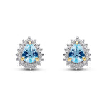 9ct Yellow Gold Pear Shaped Natural Aquamarine & Diamond Claw Set Cluster Stud Earrings — 5x4mm