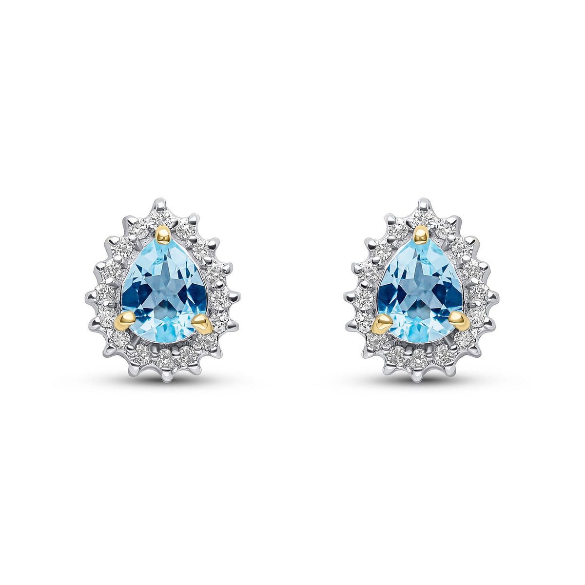 9ct Yellow Gold Pear Shaped Natural Aquamarine & Diamond Claw Set Cluster Stud Earrings — 5x4mm