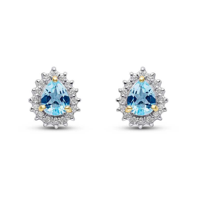 9ct Yellow Gold Pear Shaped Natural Aquamarine & Diamond Claw Set Cluster Stud Earrings — 5x4mm