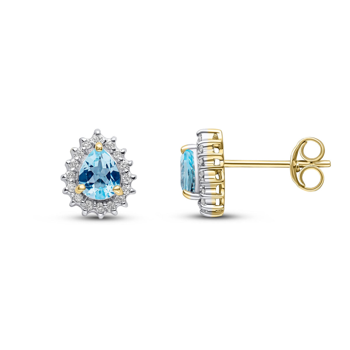 9ct Yellow Gold Pear Shaped Natural Aquamarine & Diamond Claw Set Cluster Stud Earrings — 5x4mm