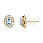 9ct Yellow Gold Oval Natural Aquamarine & Diamond Rope Edge Cluster Stud Earrings — 6x4mm