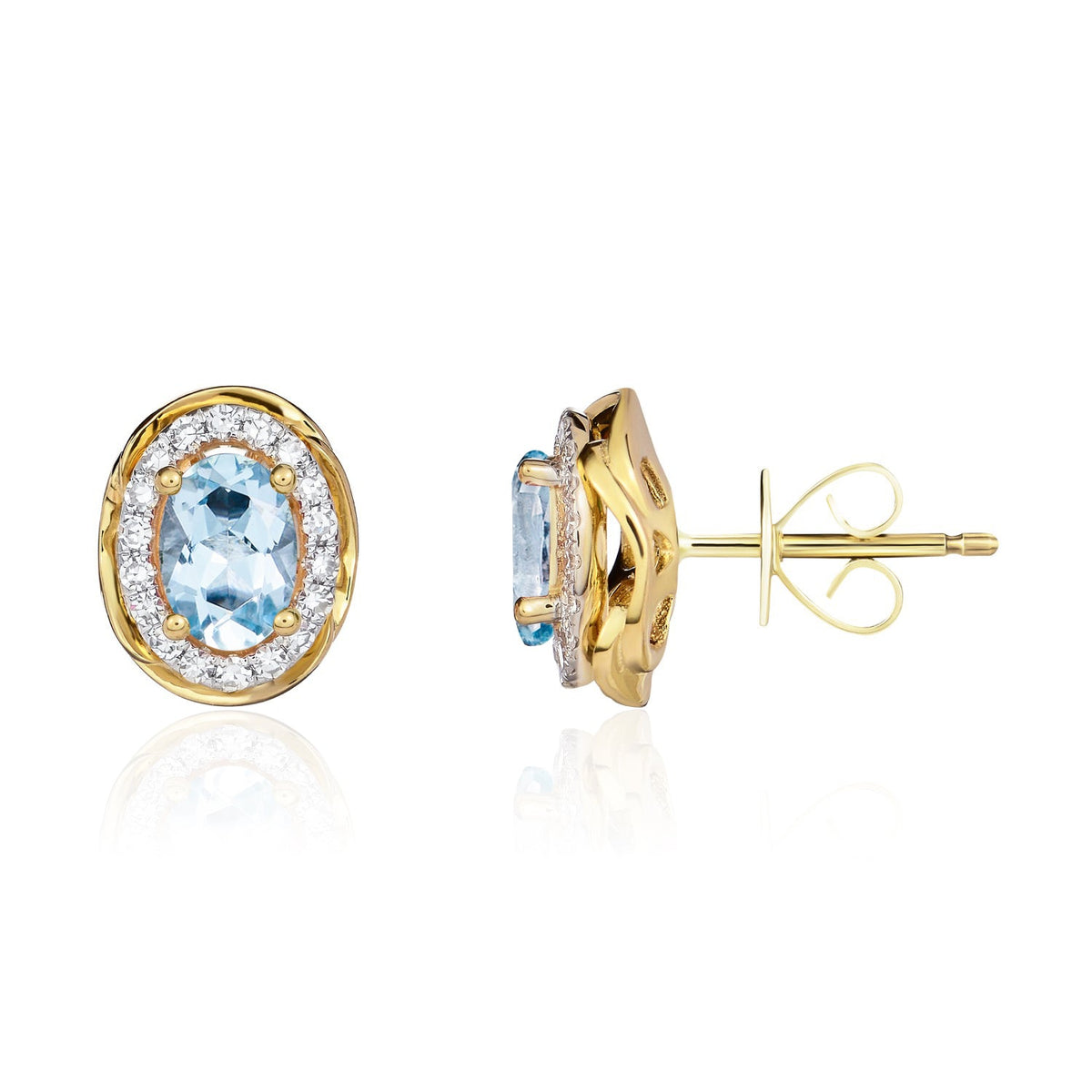9ct Yellow Gold Oval Natural Aquamarine & Diamond Rope Edge Cluster Stud Earrings — 6x4mm