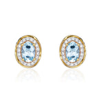 9ct Yellow Gold Oval Natural Aquamarine & Diamond Rope Edge Cluster Stud Earrings — 6x4mm