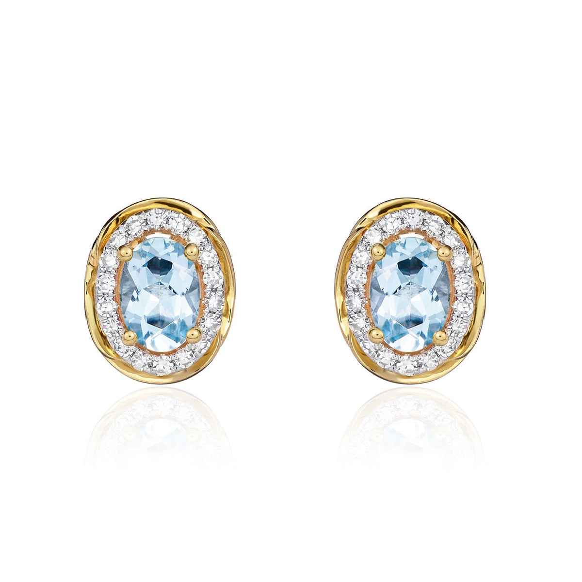 9ct Yellow Gold Oval Natural Aquamarine & Diamond Rope Edge Cluster Stud Earrings — 6x4mm