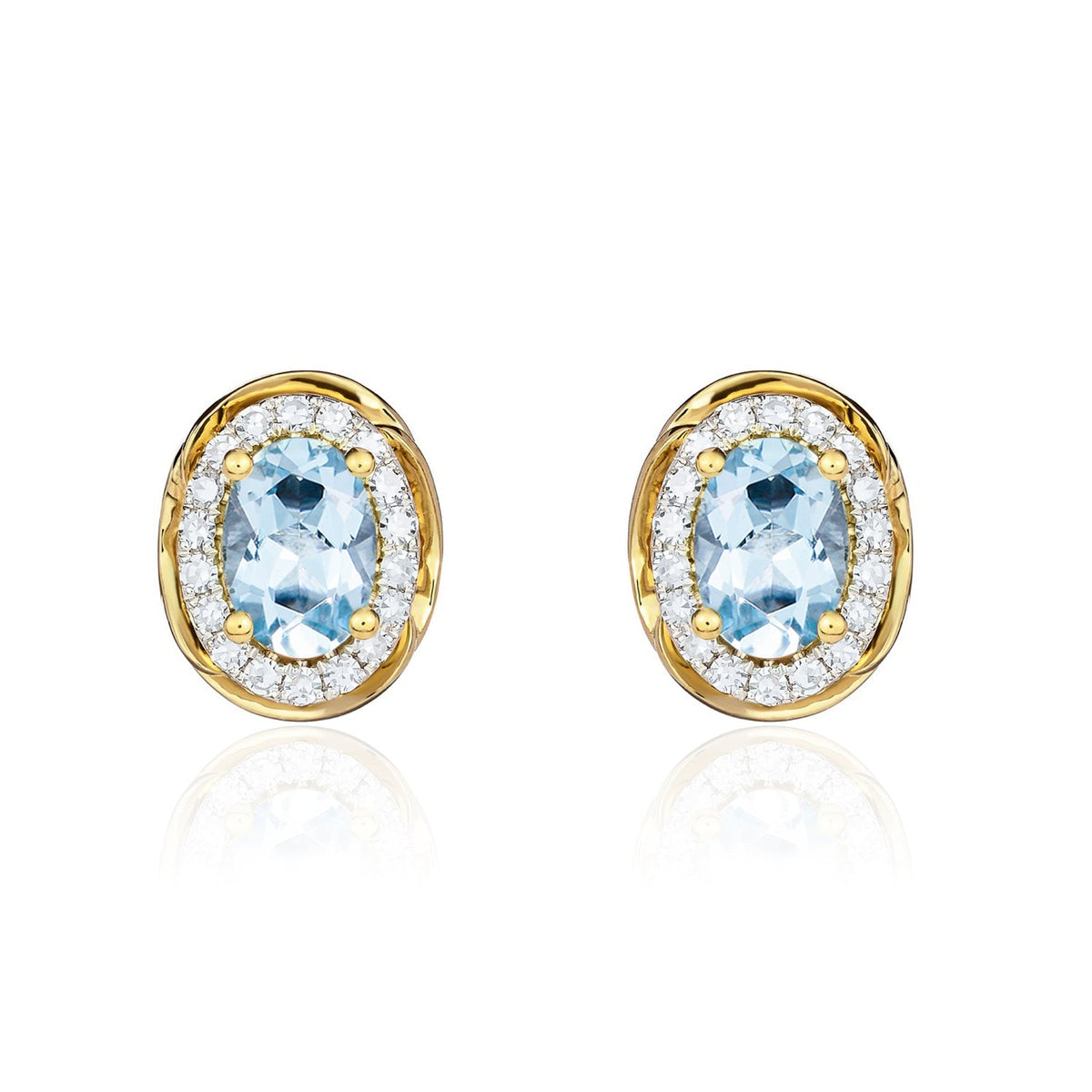 9ct Yellow Gold Oval Natural Aquamarine & Diamond Rope Edge Cluster Stud Earrings — 7x5mm