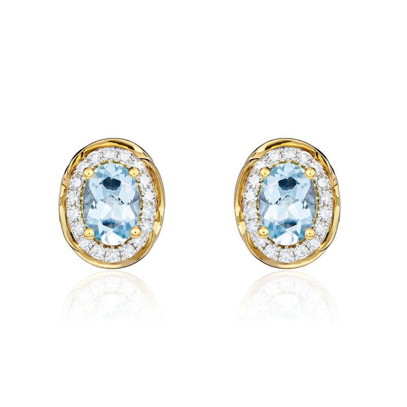 9ct Yellow Gold Oval Natural Aquamarine & Diamond Rope Edge Cluster Stud Earrings — 7x5mm