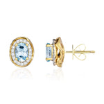 9ct Yellow Gold Oval Natural Aquamarine & Diamond Rope Edge Cluster Stud Earrings — 7x5mm