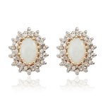 9ct Yellow Gold Oval Natural Opal & Diamond Claw Set Cluster Stud Earrings — 6x4mm