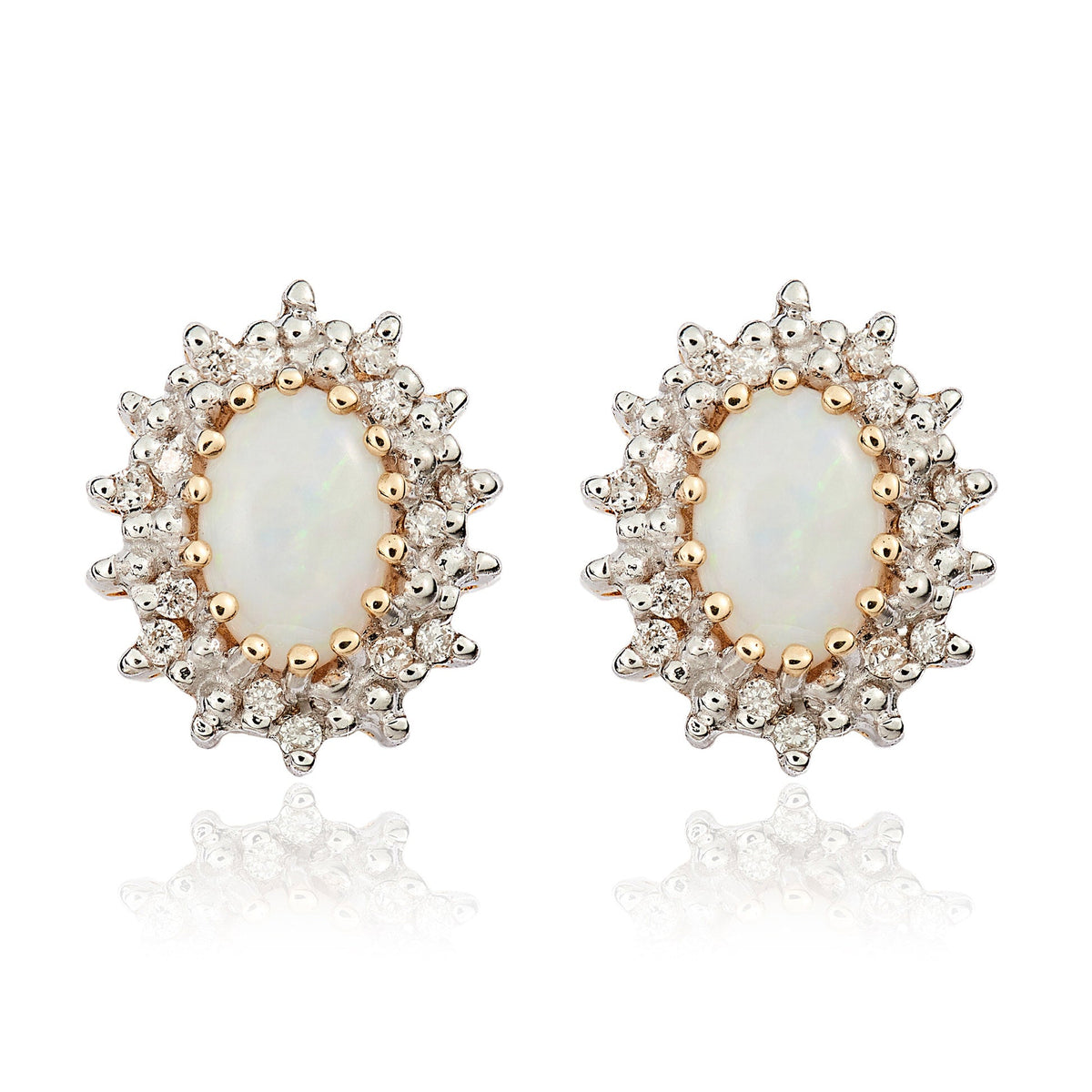 9ct Yellow Gold Oval Natural Opal & Diamond Claw Set Cluster Stud Earrings — 6x4mm