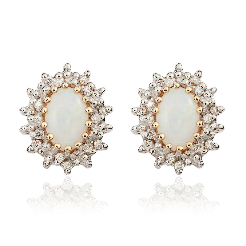 9ct Yellow Gold Oval Natural Opal & Diamond Claw Set Cluster Stud Earrings — 6x4mm