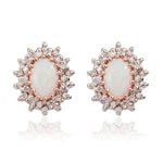 9ct Rose Gold Oval Natural Opal & Diamond Claw Set Cluster Stud Earrings — 6x4mm