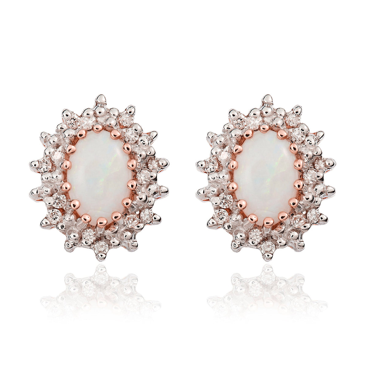 9ct Rose Gold Oval Natural Opal & Diamond Claw Set Cluster Stud Earrings — 6x4mm