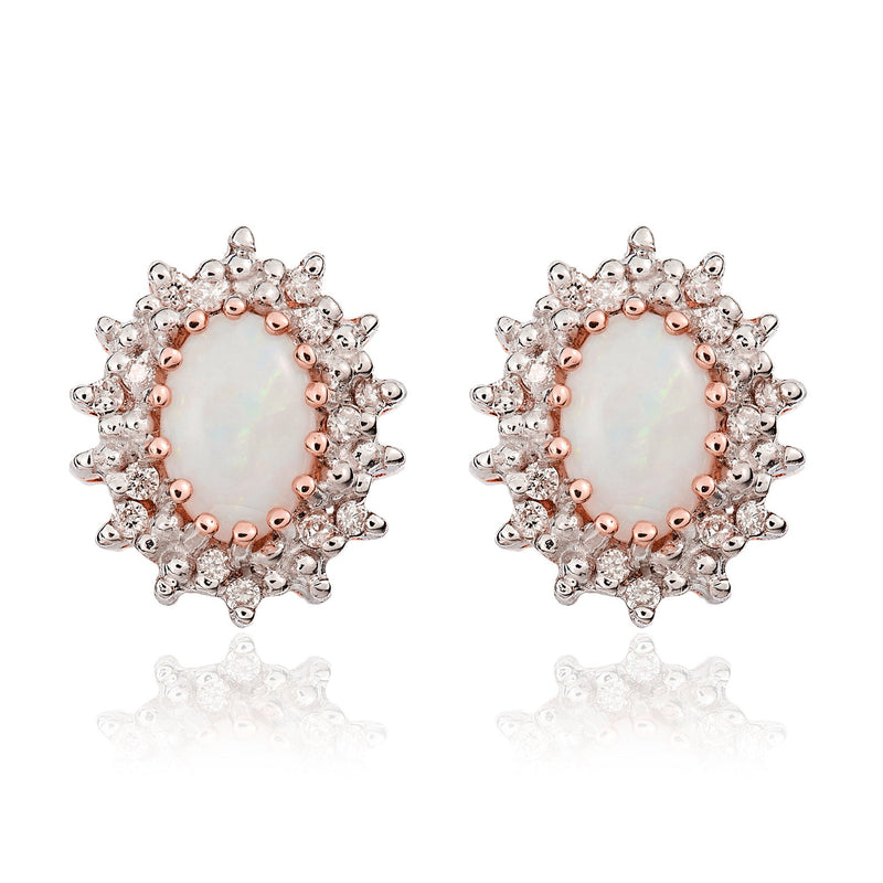 9ct Rose Gold Oval Natural Opal & Diamond Claw Set Cluster Stud Earrings — 6x4mm