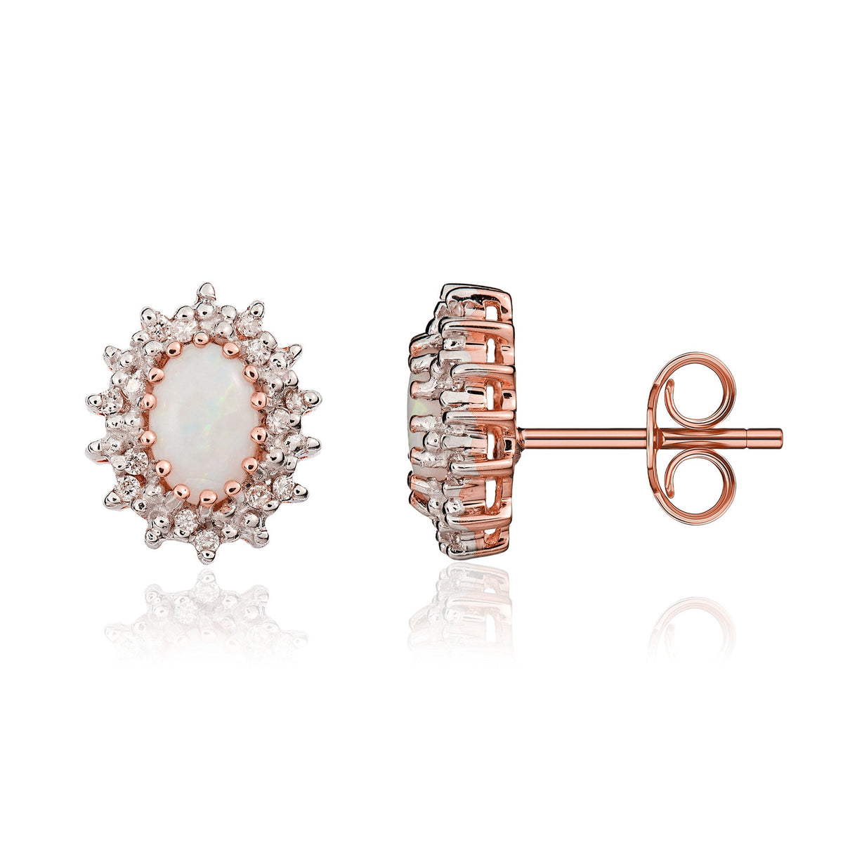 9ct Rose Gold Oval Natural Opal & Diamond Claw Set Cluster Stud Earrings — 6x4mm