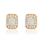 9ct Yellow Gold Octagonal Natural Opal & Diamond Claw Set Cluster Stud Earrings — 5x3mm